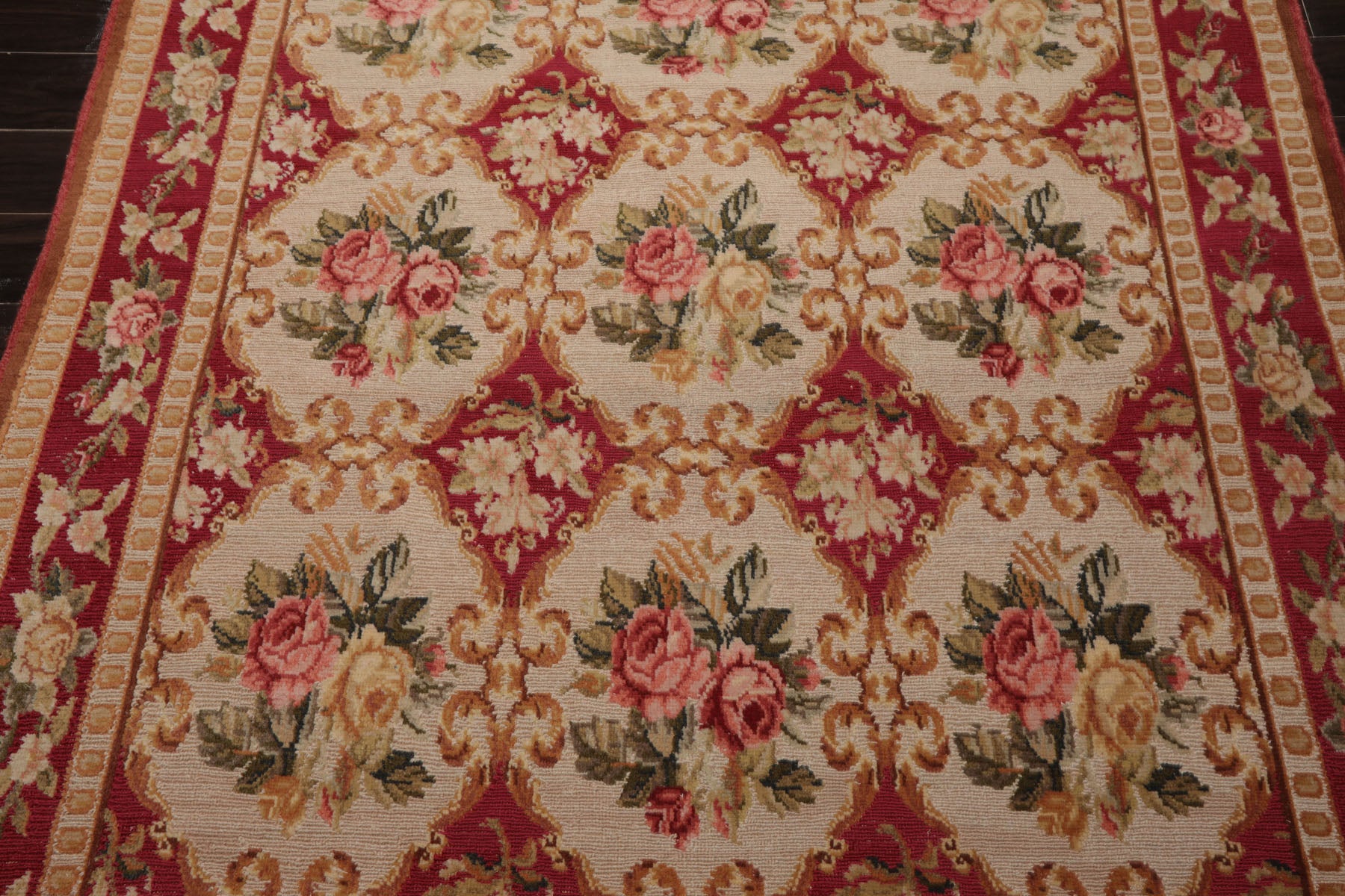 6x9 Beige, Fuschia, Green Color Hand Knotted Aubusson Savonnerrie Wool Traditional Oriental Rug