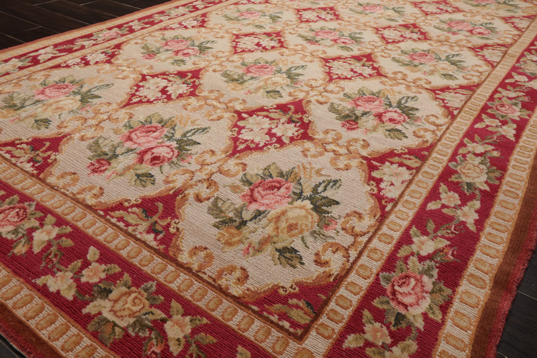 6x9 Beige, Fuschia, Green Color Hand Knotted Aubusson Savonnerrie Wool Traditional Oriental Rug
