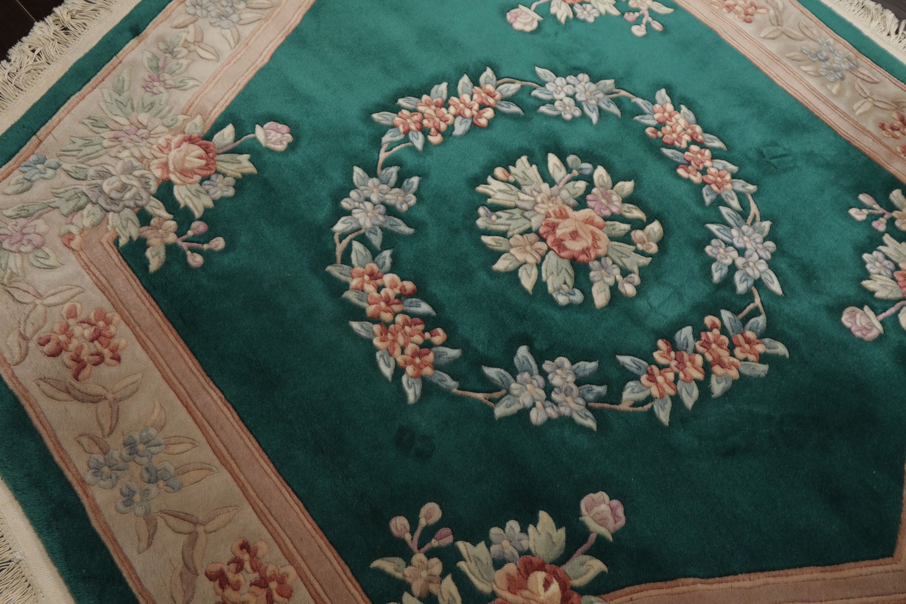 Square Emerald, Tan, Taupe Color Hand Knotted Aubusson Savonnerrie Wool Traditional Oriental Rug
