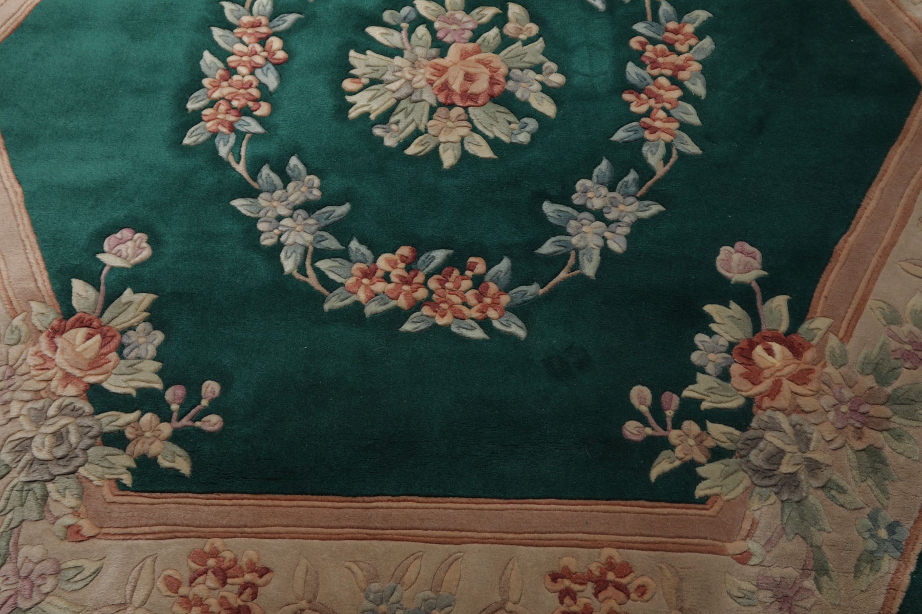Square Emerald, Tan, Taupe Color Hand Knotted Aubusson Savonnerrie Wool Traditional Oriental Rug