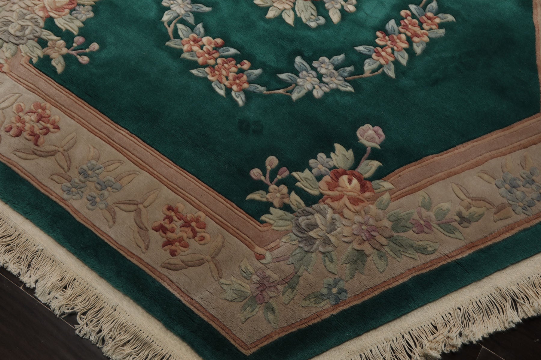 Square Emerald, Tan, Taupe Color Hand Knotted Aubusson Savonnerrie Wool Traditional Oriental Rug