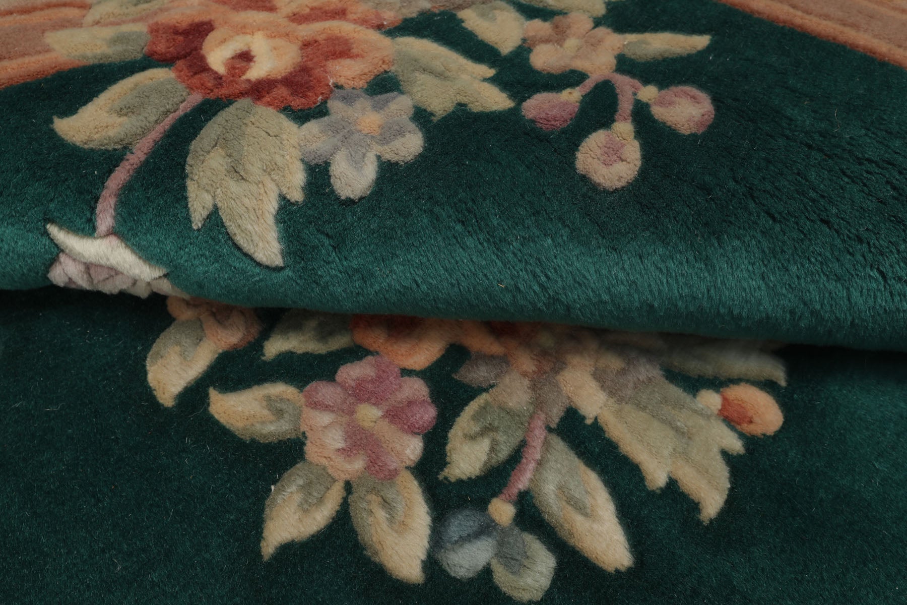 Square Emerald, Tan, Taupe Color Hand Knotted Aubusson Savonnerrie Wool Traditional Oriental Rug