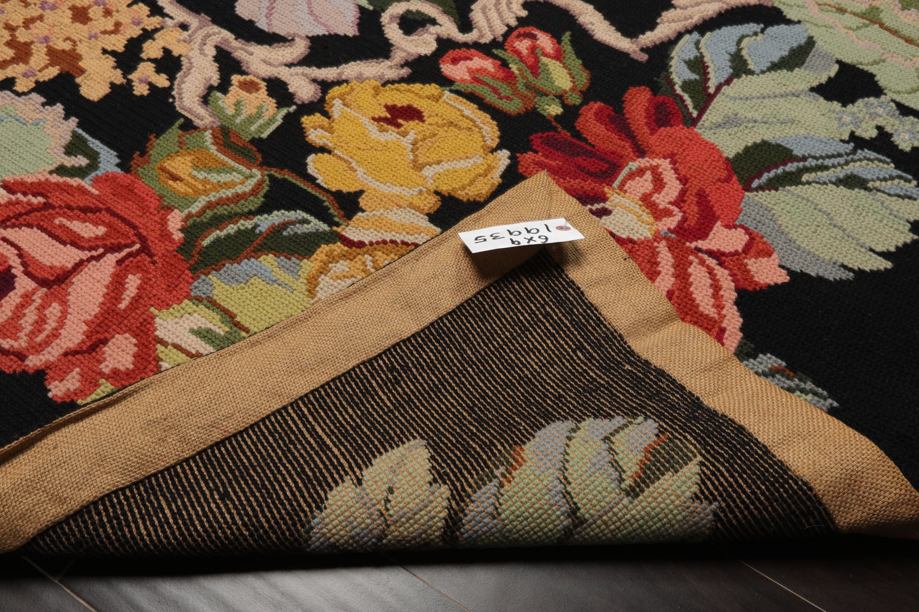 6x9 Black, Green, Coral Color Hand Woven Needlepoint Wool Traditional Oriental Rug
