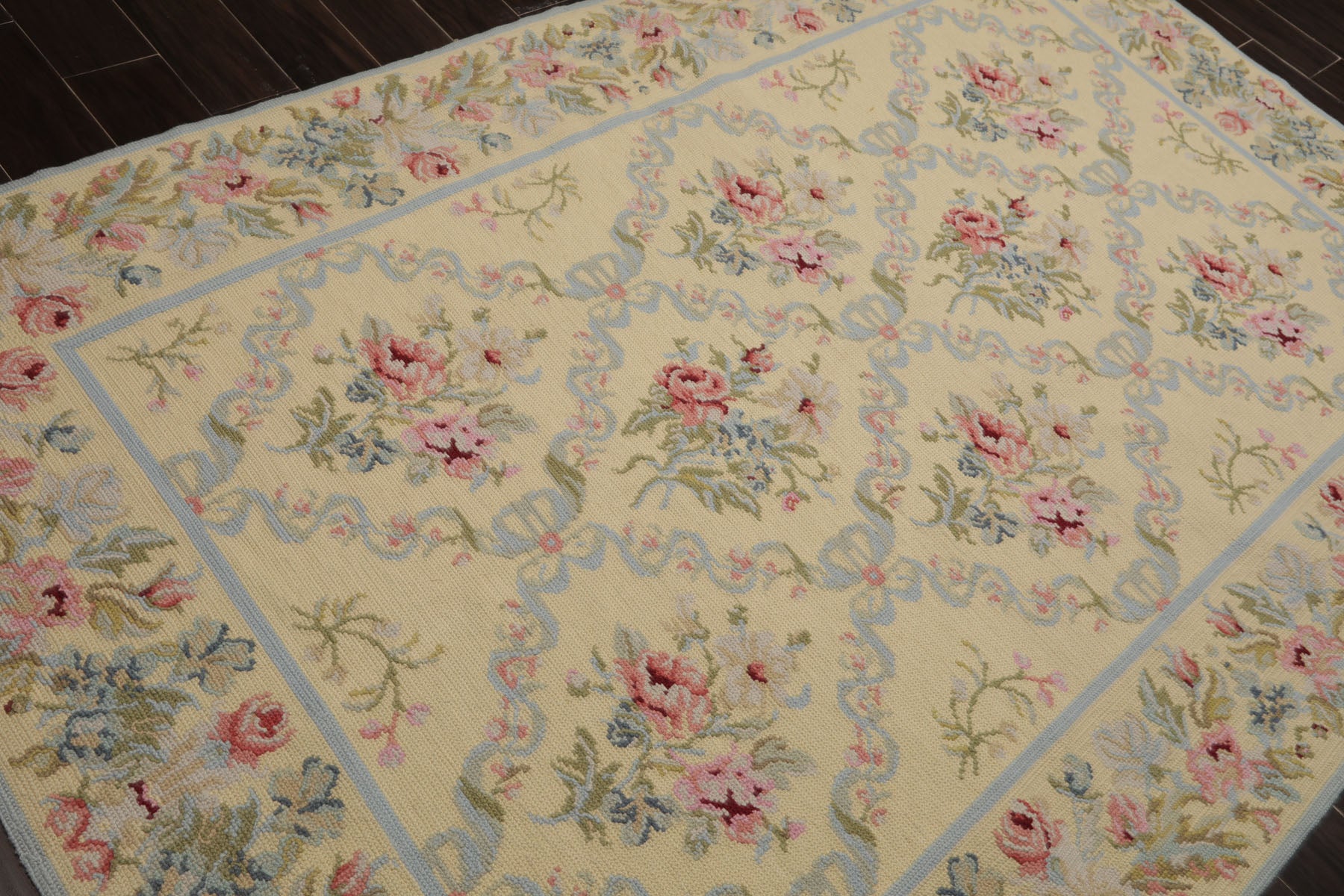 6x9 Sage, Blue, Pink Color Hand Woven Needlepoint Wool Traditional Oriental Rug