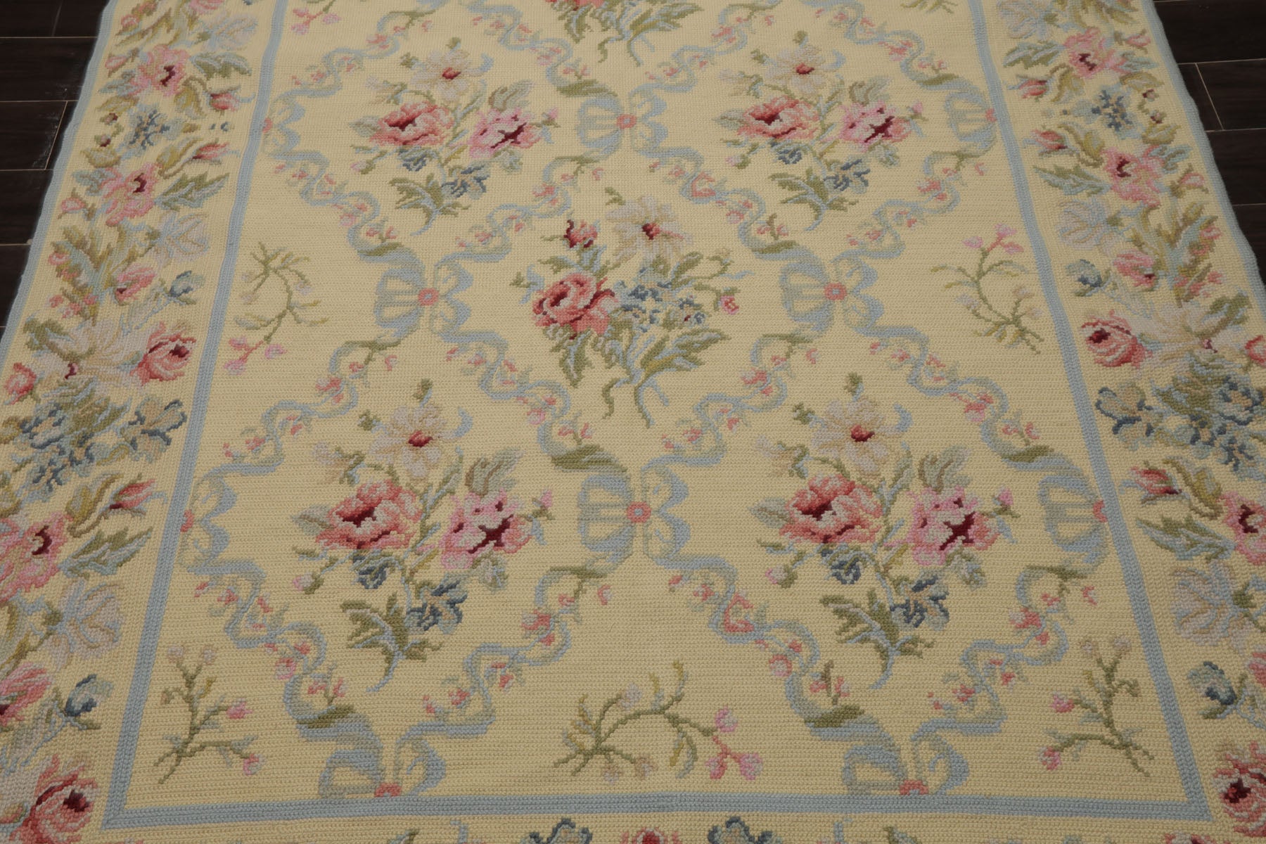 6x9 Sage, Blue, Pink Color Hand Woven Needlepoint Wool Traditional Oriental Rug