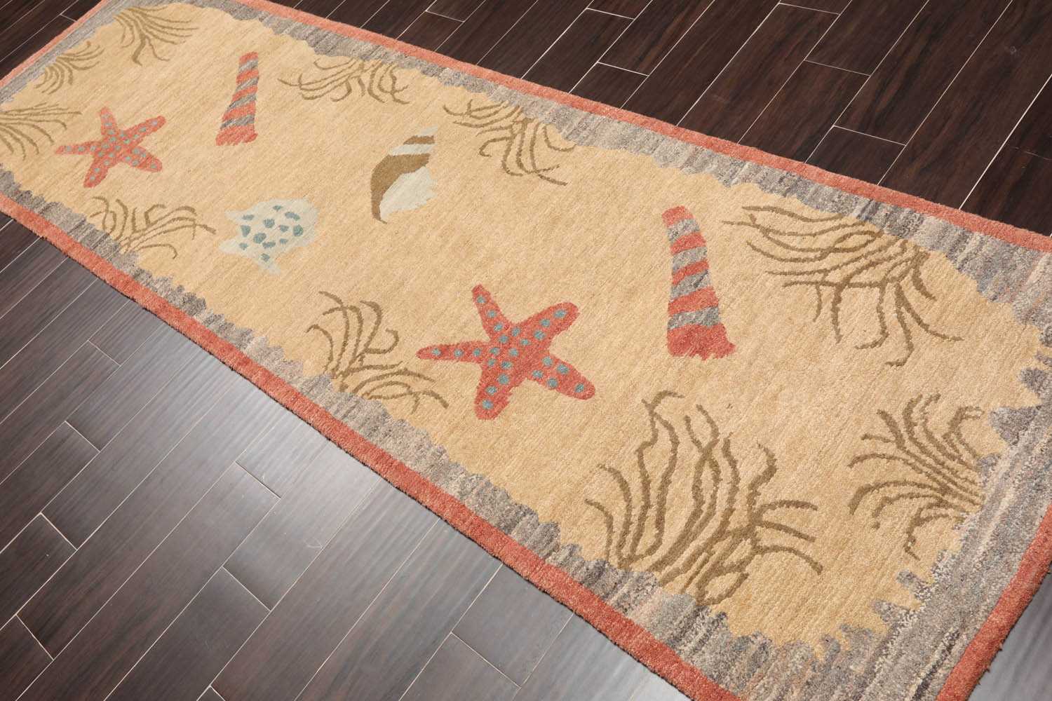 Runner Beige, Pistacchio, Dark Gray Color Hand Knotted All-Over 100% Wool Modern Oriental Rug