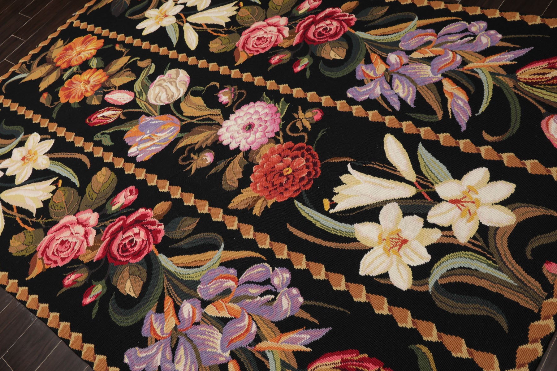 6x9 Black, Gold, Pink Color Hand Woven French Needlepoint Wool Traditional Oriental Rug