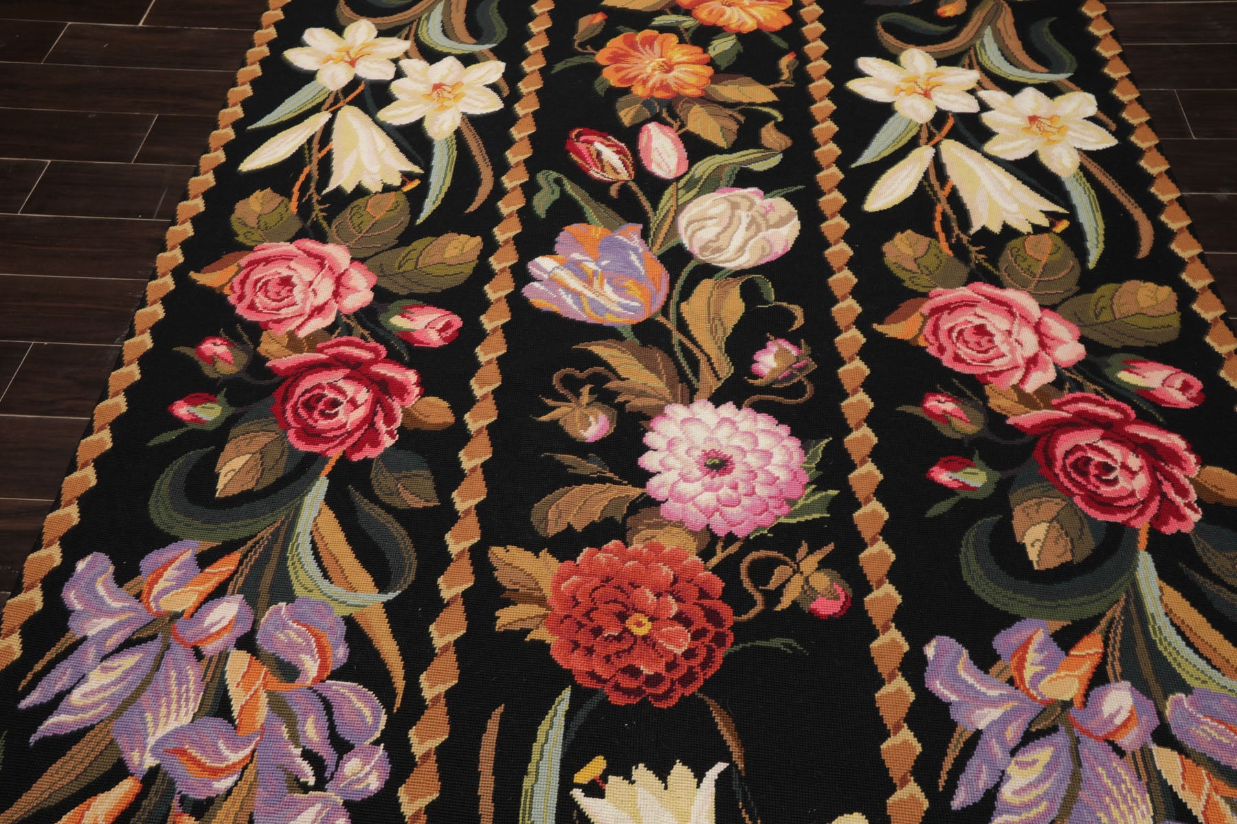 6x9 Black, Gold, Pink Color Hand Woven French Needlepoint Wool Traditional Oriental Rug