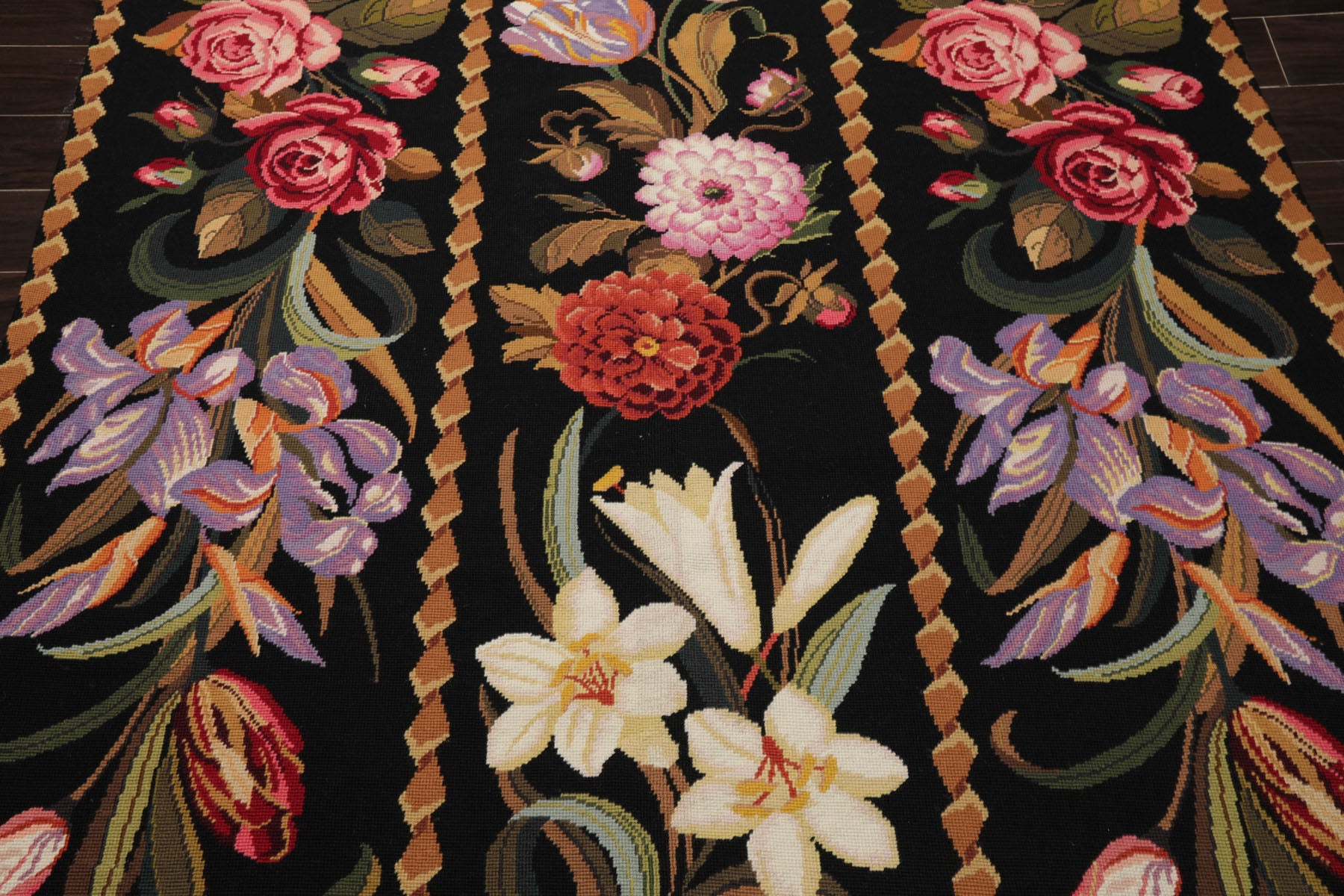 6x9 Black, Gold, Pink Color Hand Woven French Needlepoint Wool Traditional Oriental Rug