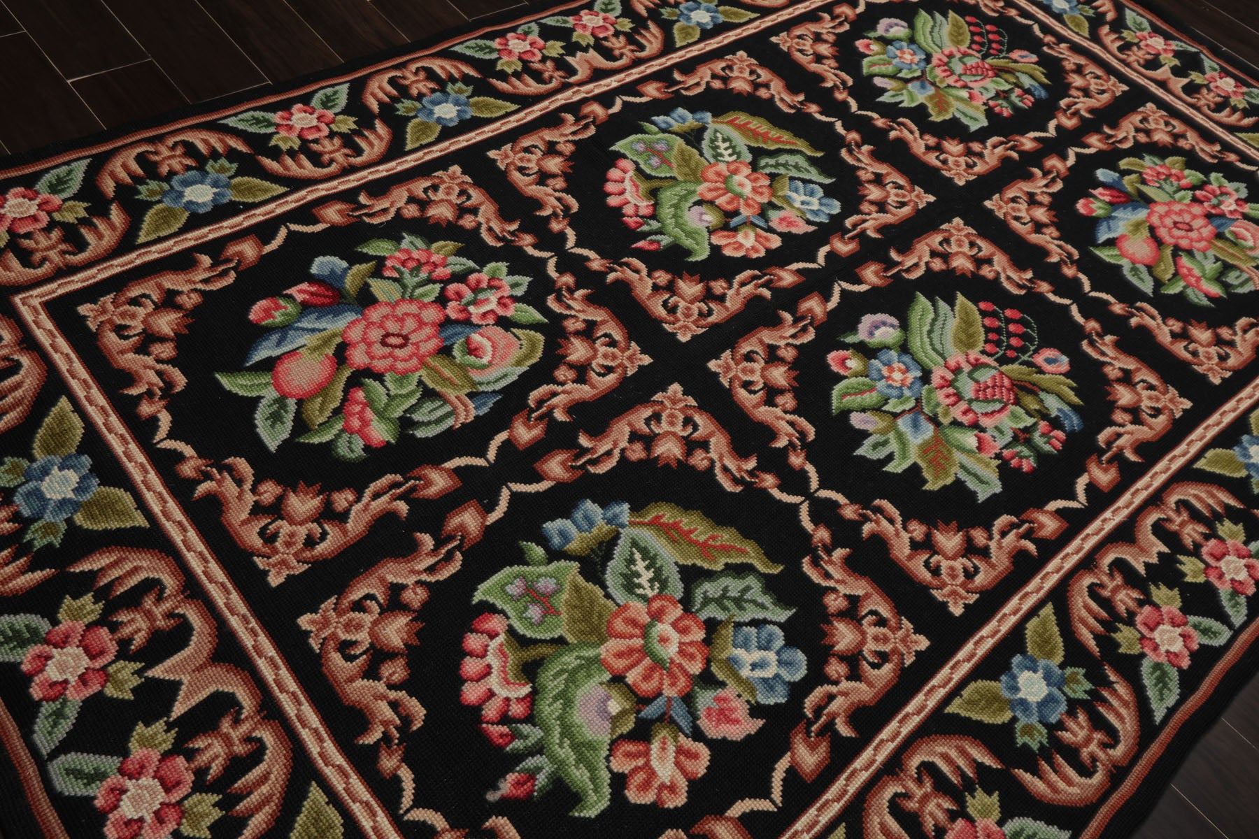 6x9 Black, Rust, Green Color Hand Woven Needlepoint Wool Traditional Oriental Rug