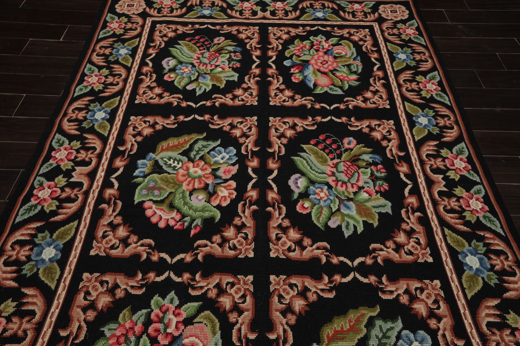 6x9 Black, Rust, Green Color Hand Woven Needlepoint Wool Traditional Oriental Rug