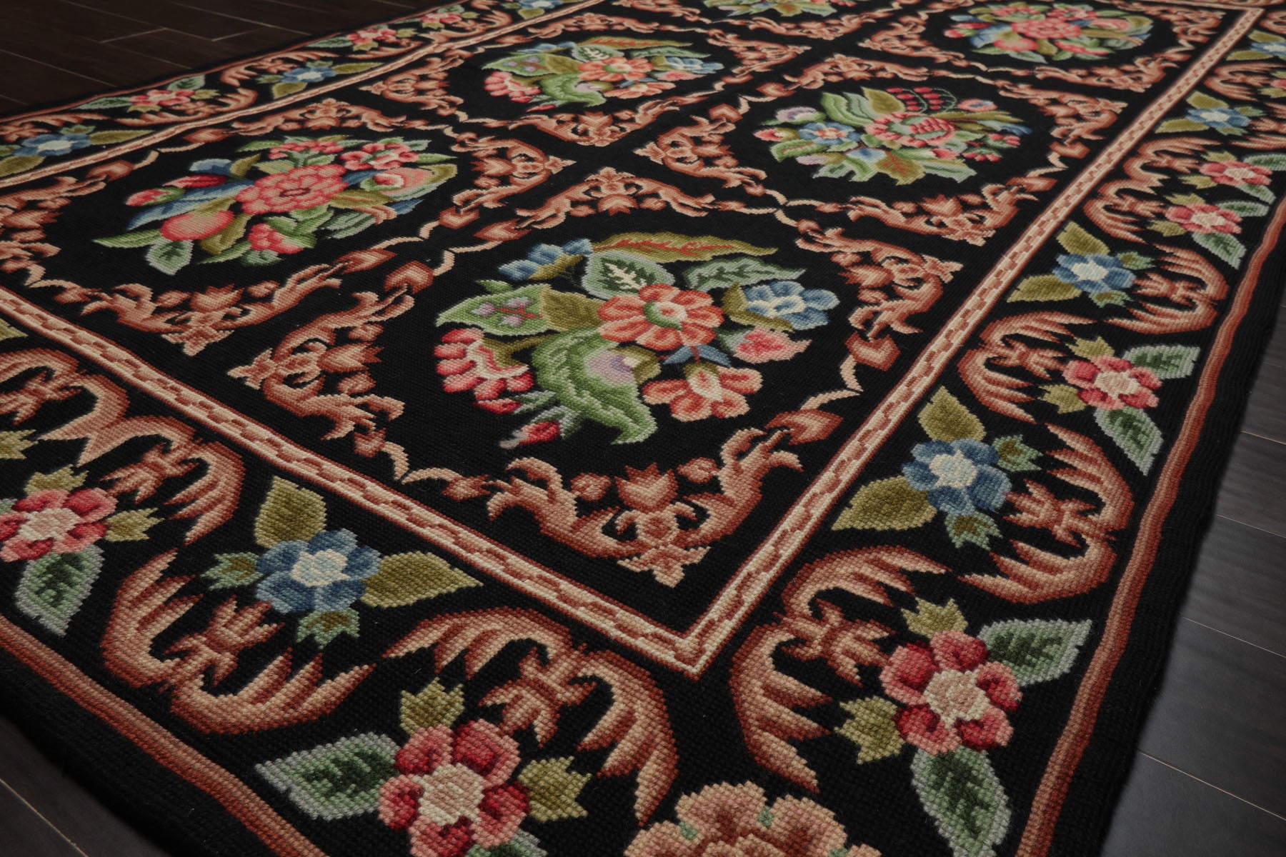 6x9 Black, Rust, Green Color Hand Woven Needlepoint Wool Traditional Oriental Rug