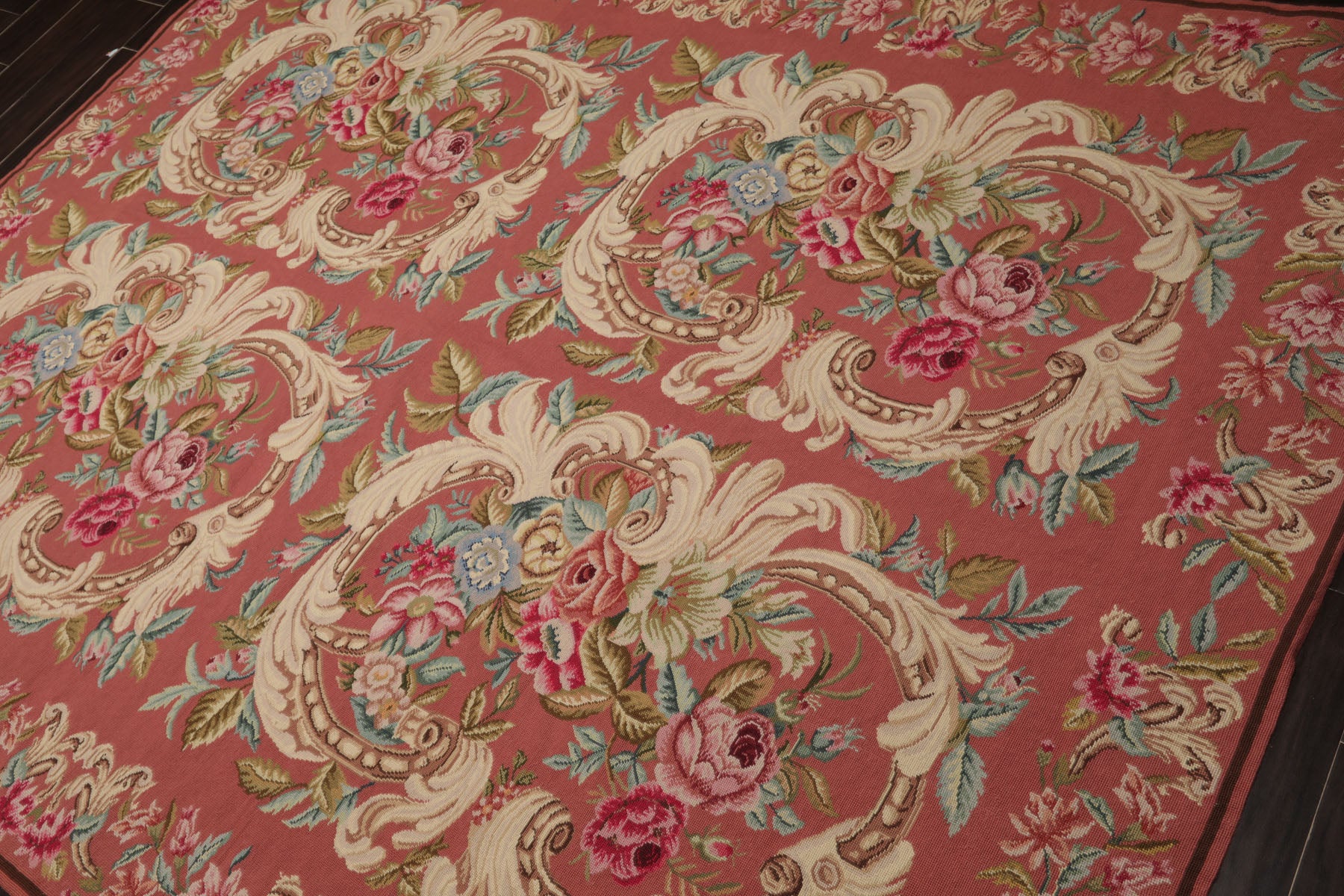 6x9 Rose, Ivory, Pink Color Hand Woven French Needlepoint Wool Traditional Oriental Rug