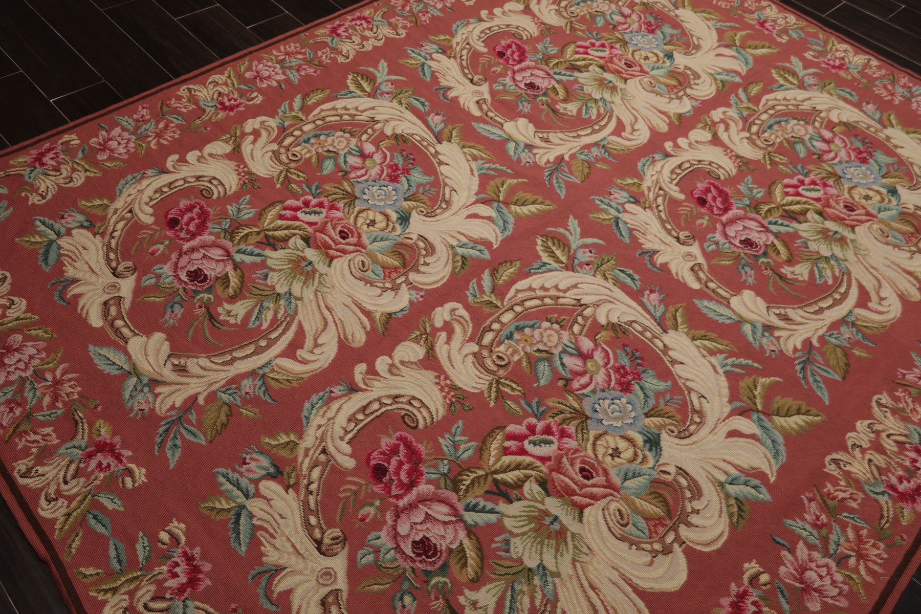 6x9 Rose, Ivory, Pink Color Hand Woven French Needlepoint Wool Traditional Oriental Rug