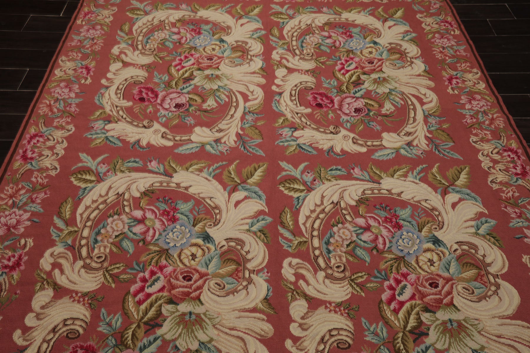 6x9 Rose, Ivory, Pink Color Hand Woven French Needlepoint Wool Traditional Oriental Rug