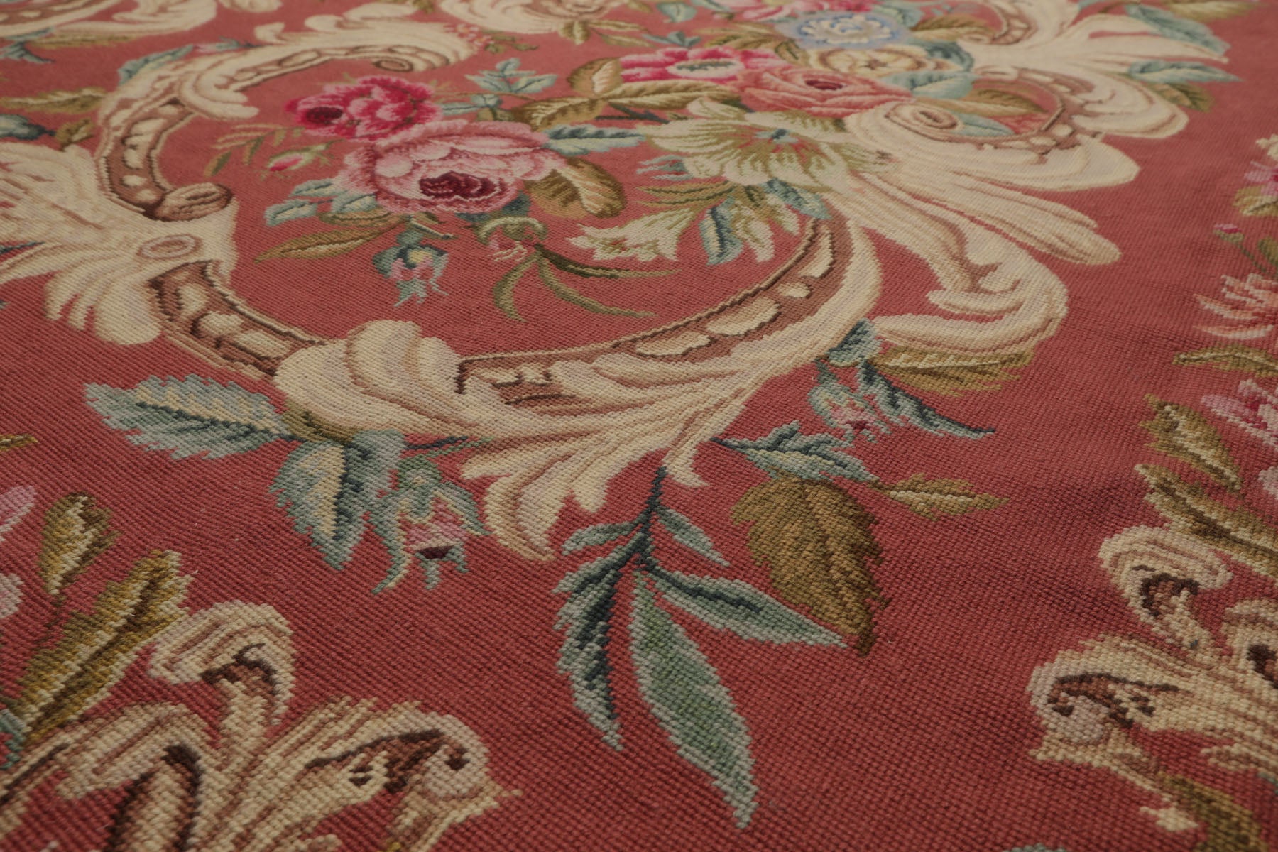6x9 Rose, Ivory, Pink Color Hand Woven French Needlepoint Wool Traditional Oriental Rug