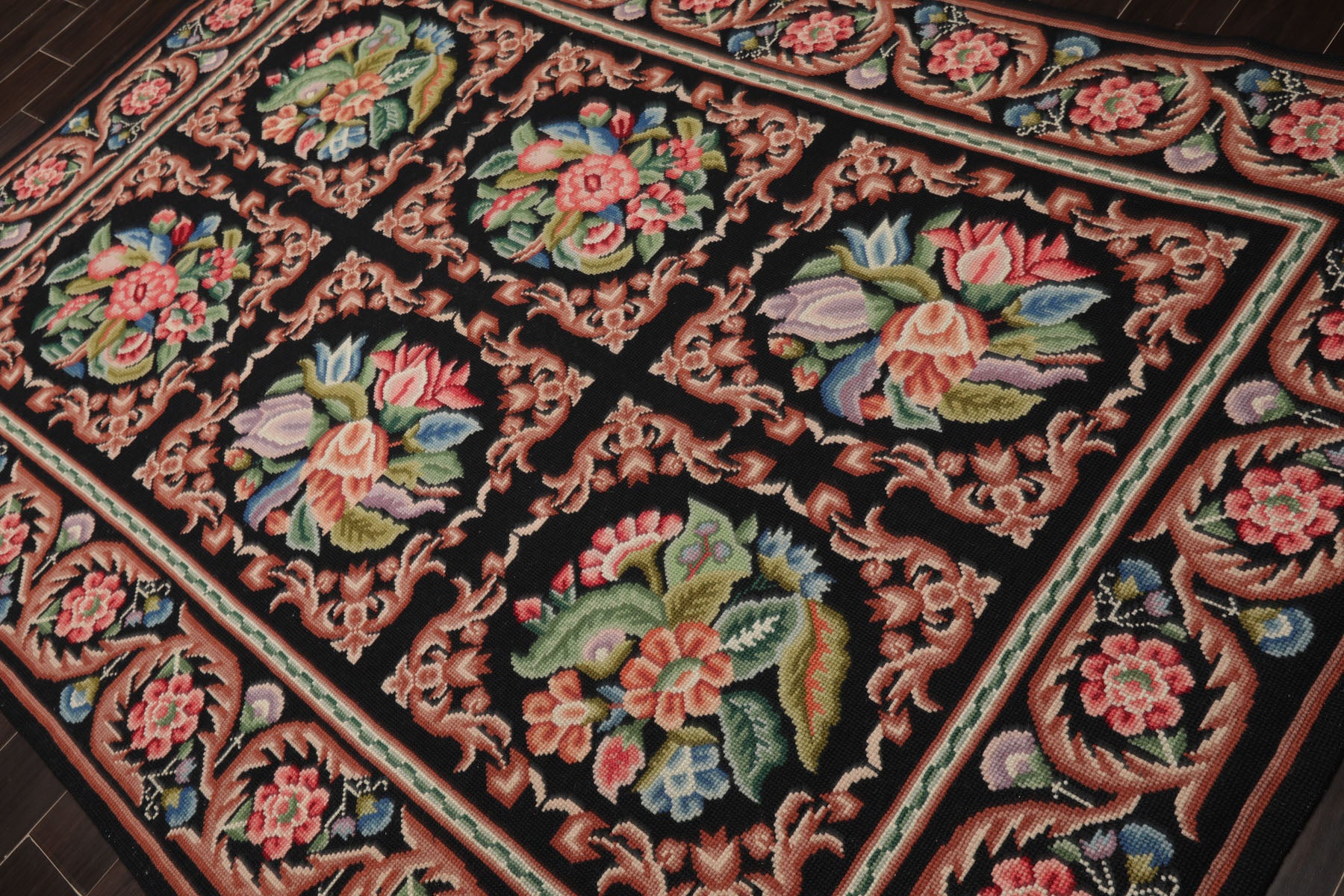 6x9 Black, Rust, Ivory Color Hand Woven Needlepoint Wool Traditional Oriental Rug