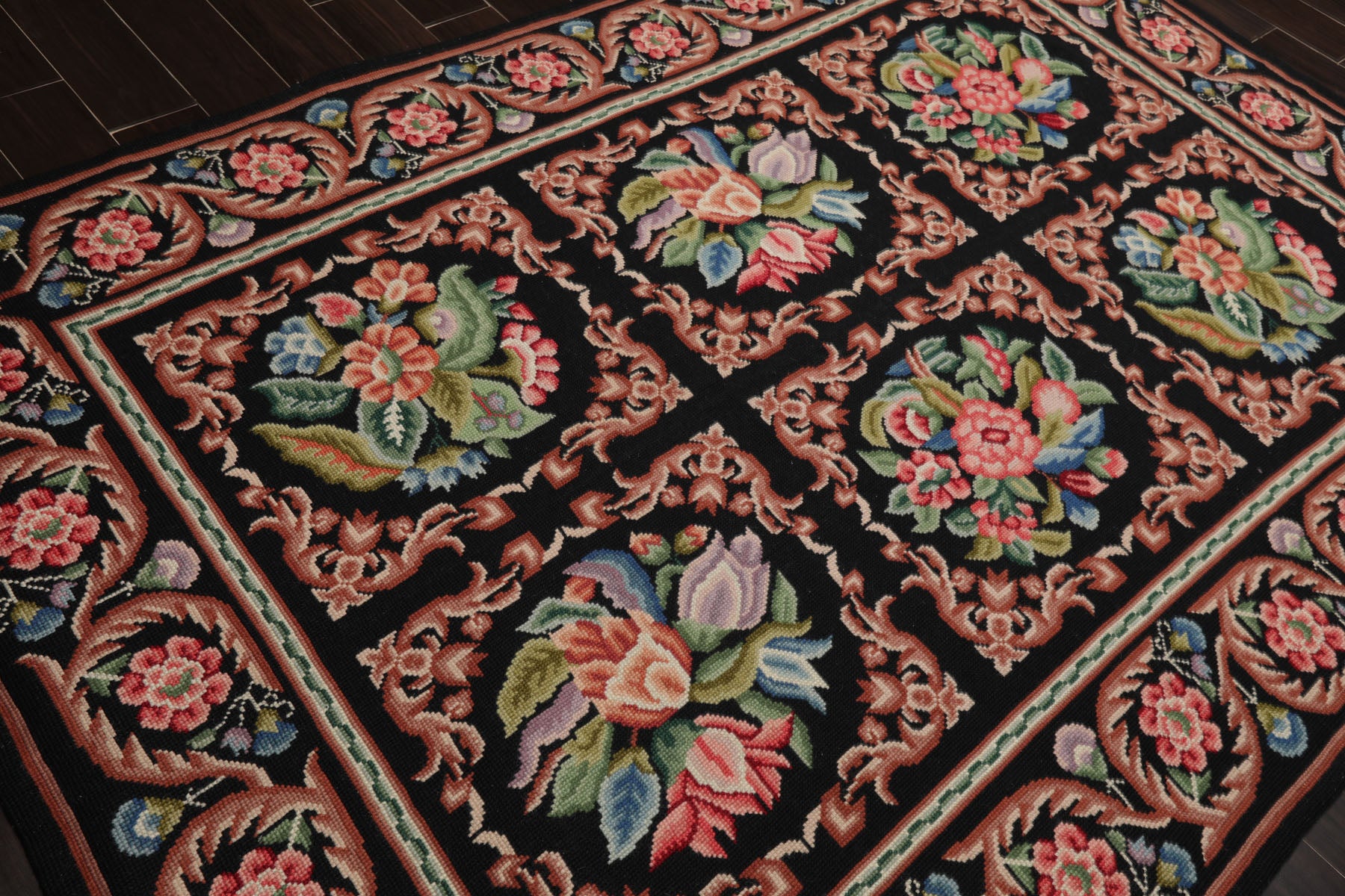 6x9 Black, Rust, Ivory Color Hand Woven Needlepoint Wool Traditional Oriental Rug