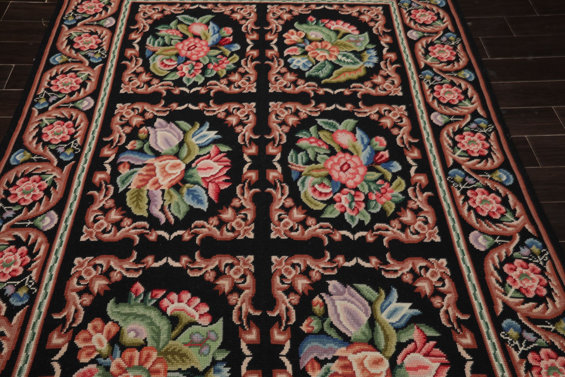 6x9 Black, Rust, Ivory Color Hand Woven Needlepoint Wool Traditional Oriental Rug