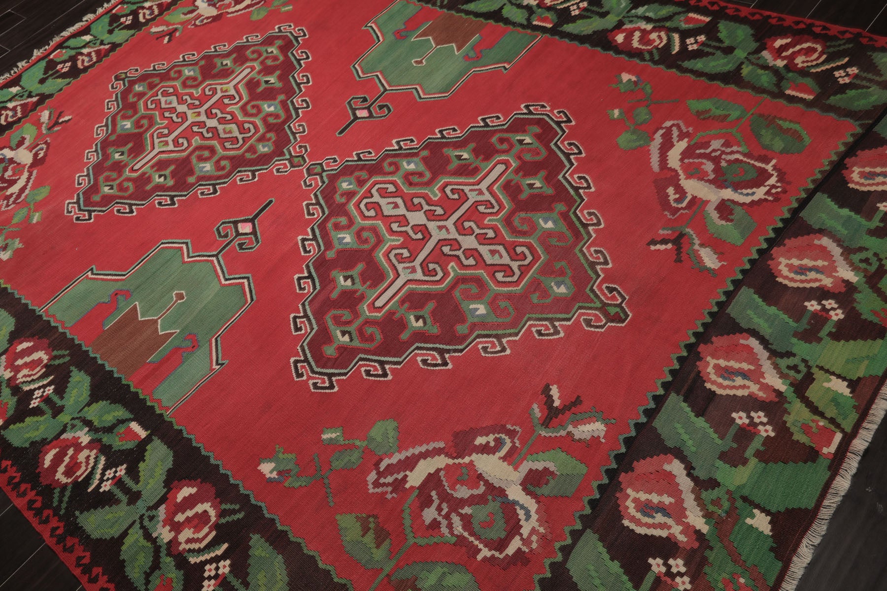7x9 Crimson, Brown, Green Color Hand Woven Kilim Wool Arts & Crafts Oriental Rug