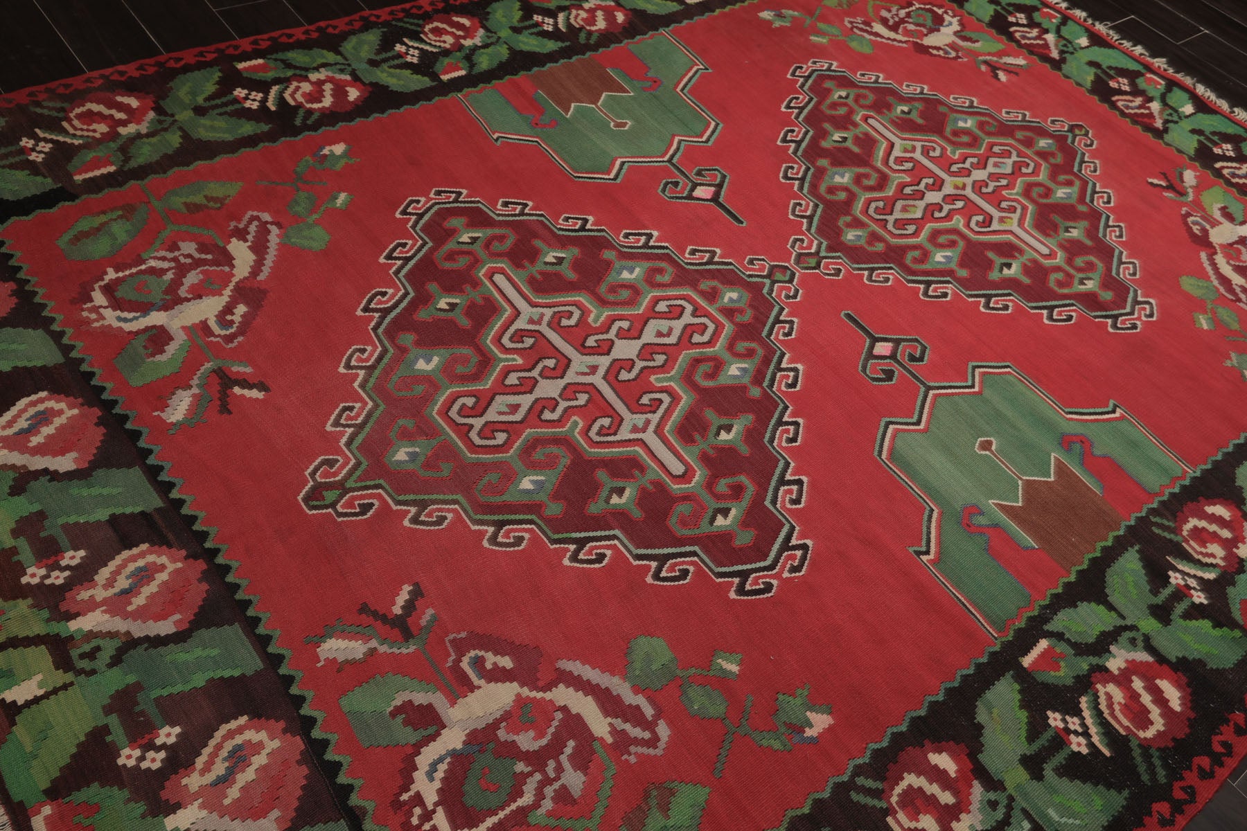 7x9 Crimson, Brown, Green Color Hand Woven Kilim Wool Arts & Crafts Oriental Rug