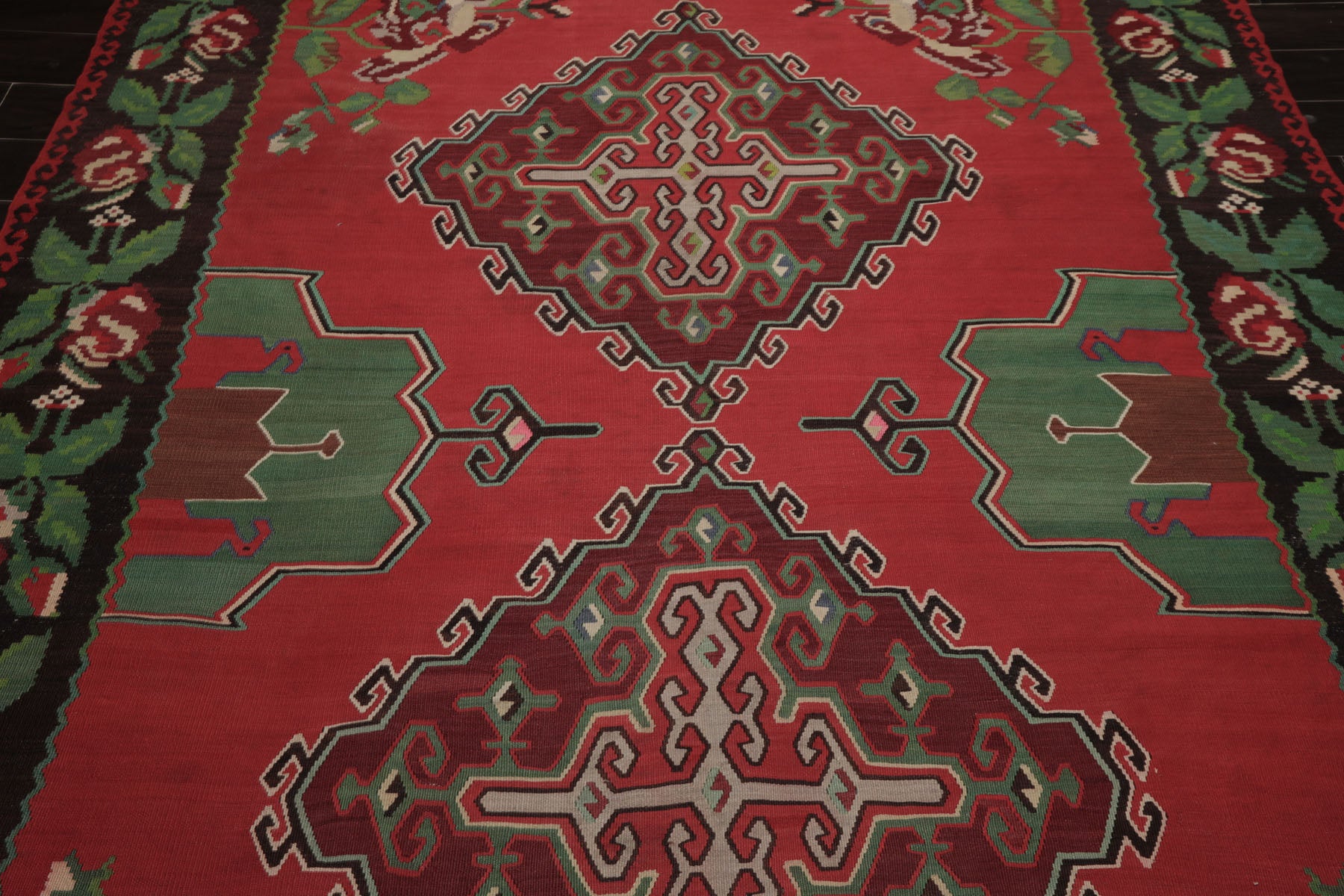 7x9 Crimson, Brown, Green Color Hand Woven Kilim Wool Arts & Crafts Oriental Rug