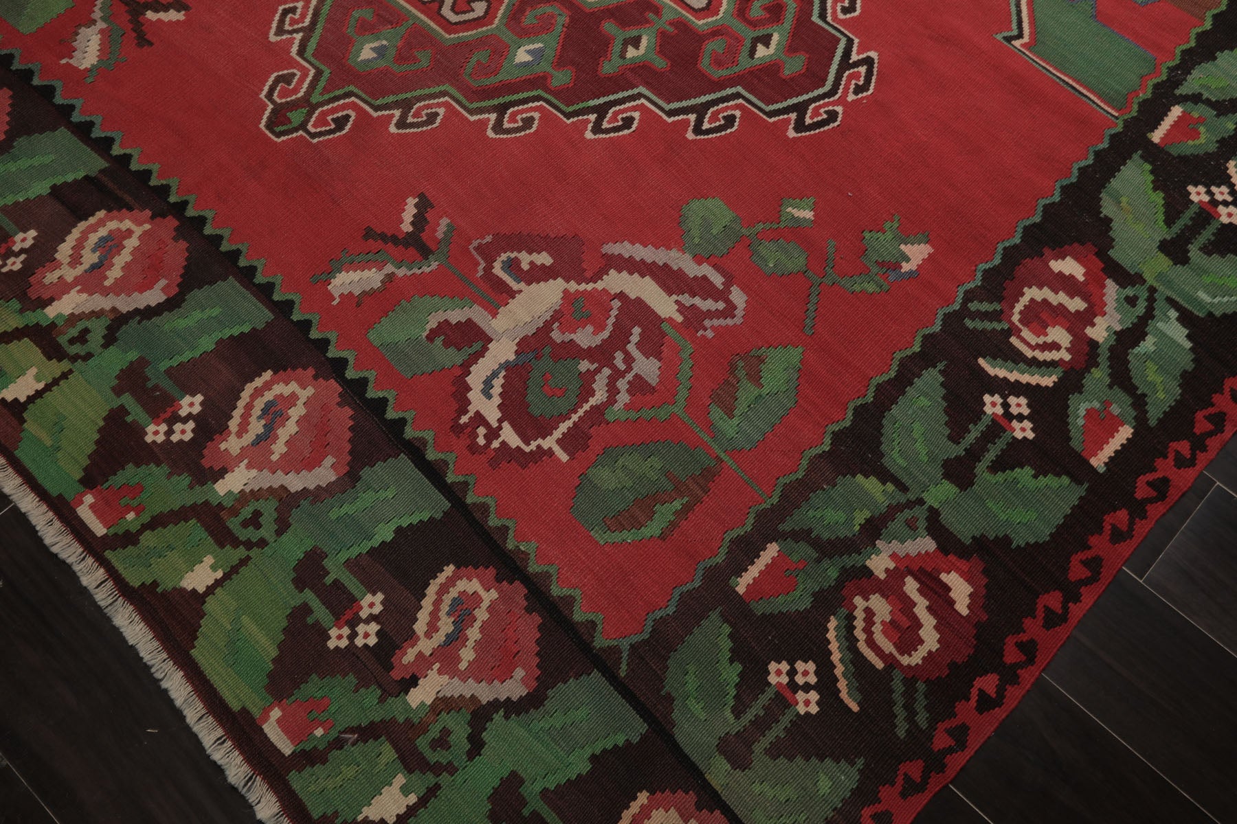 7x9 Crimson, Brown, Green Color Hand Woven Kilim Wool Arts & Crafts Oriental Rug