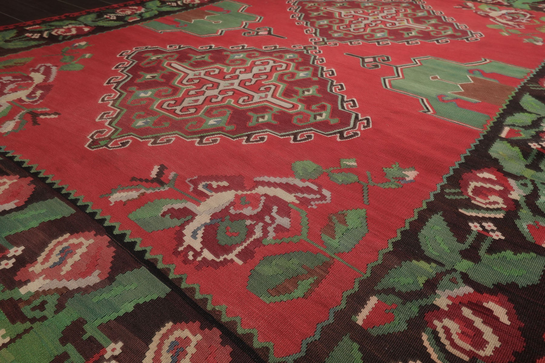 7x9 Crimson, Brown, Green Color Hand Woven Kilim Wool Arts & Crafts Oriental Rug