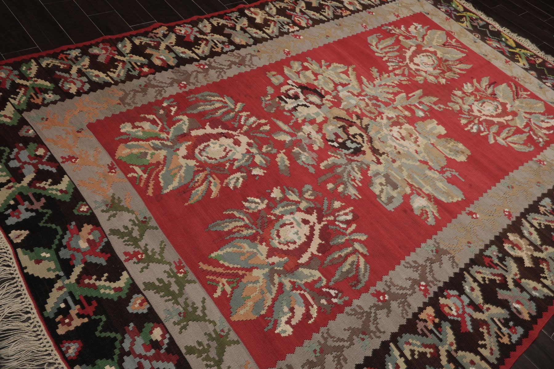 7x11 Crimson, Gray, Brown Color Hand Woven Kilim Wool Arts & Crafts Oriental Rug