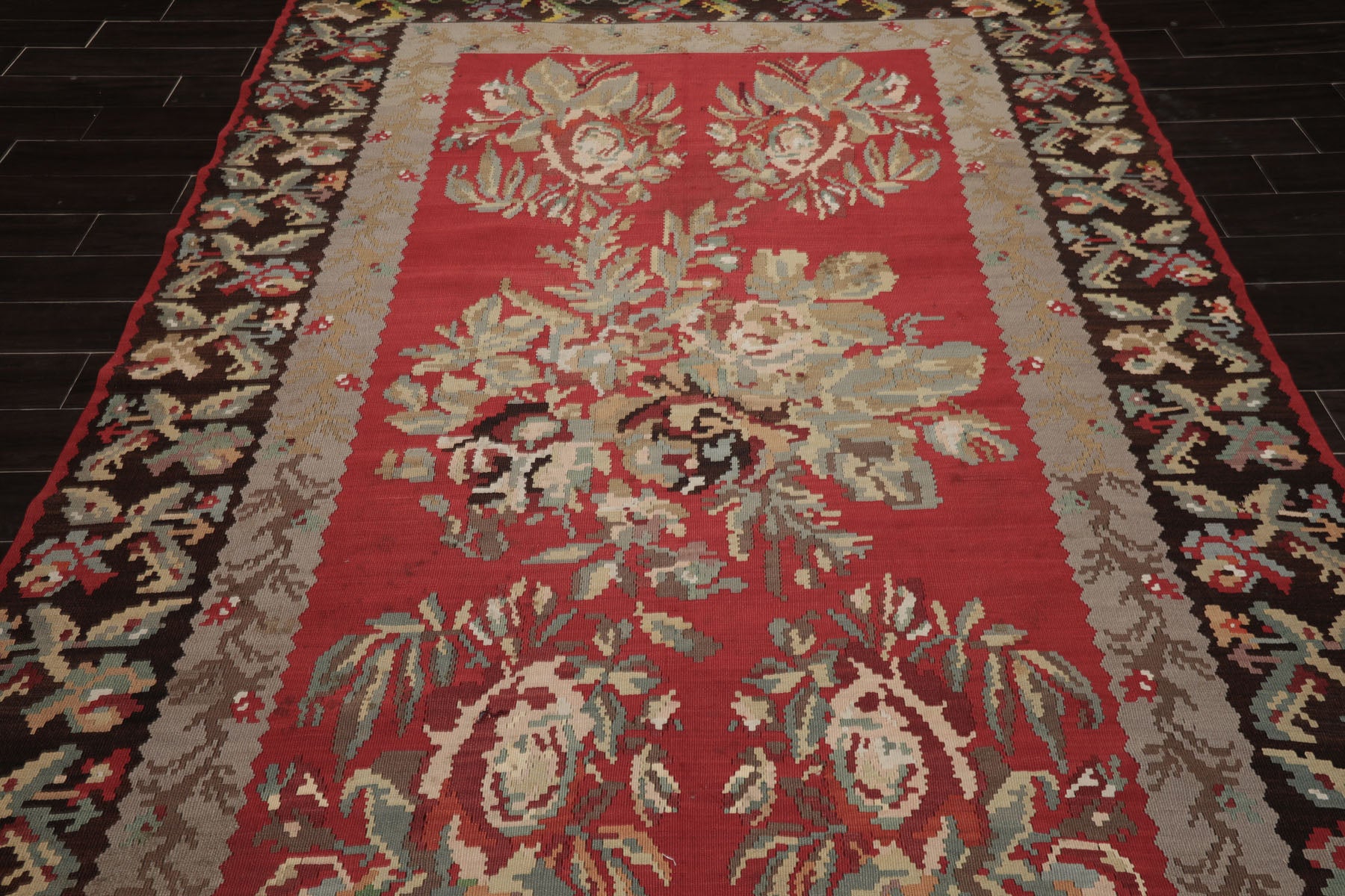 7x11 Crimson, Gray, Brown Color Hand Woven Kilim Wool Arts & Crafts Oriental Rug