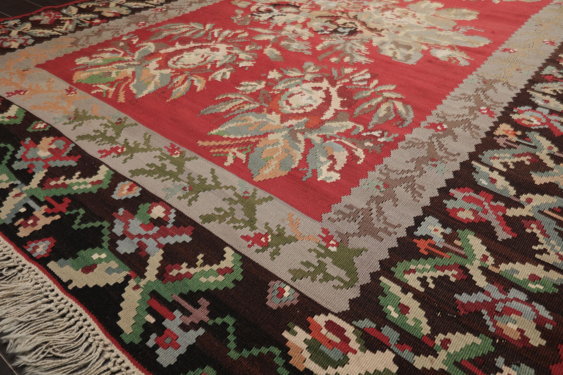 7x11 Crimson, Gray, Brown Color Hand Woven Kilim Wool Arts & Crafts Oriental Rug