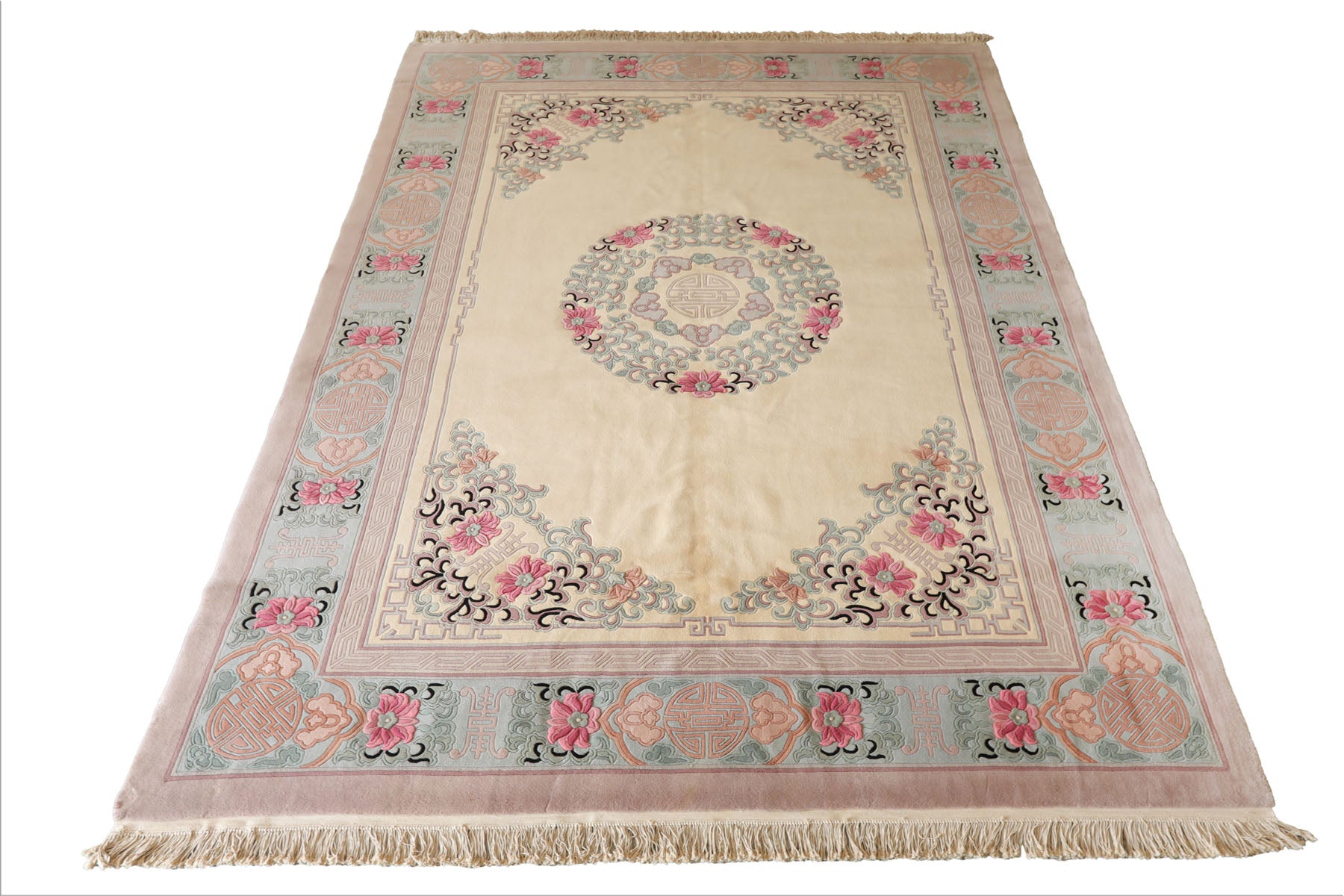 10x14 Ivory, Rose, Aqua Color Hand Knotted Aubusson Savonnerie Wool Traditional Oriental Rug