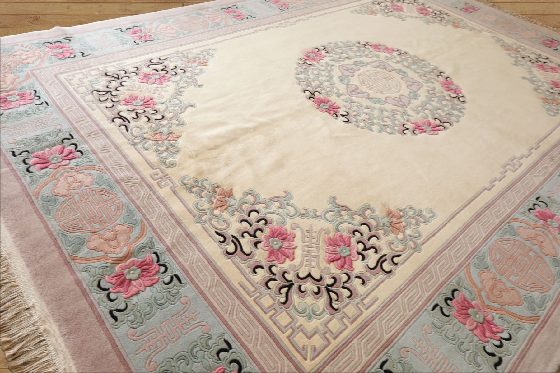 10x14 Ivory, Rose, Aqua Color Hand Knotted Aubusson Savonnerie Wool Traditional Oriental Rug