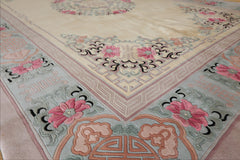10x14 Ivory, Rose, Aqua Color Hand Knotted Aubusson Savonnerie Wool Traditional Oriental Rug