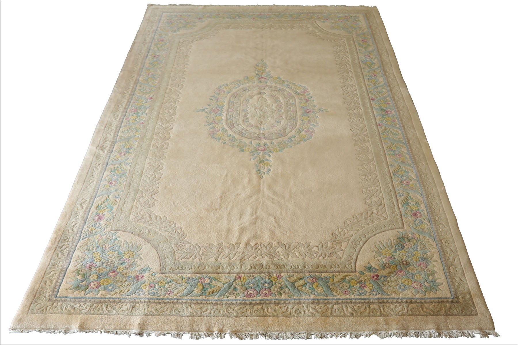 11x18 Beige, Tan, Aqua Color Hand Knotted Aubusson Savonnerie Wool Traditional Oriental Rug