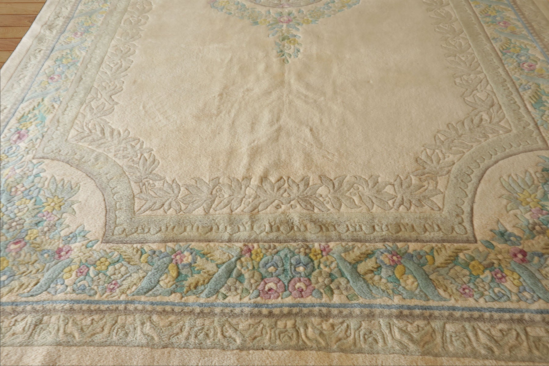 11x18 Beige, Tan, Aqua Color Hand Knotted Aubusson Savonnerie Wool Traditional Oriental Rug