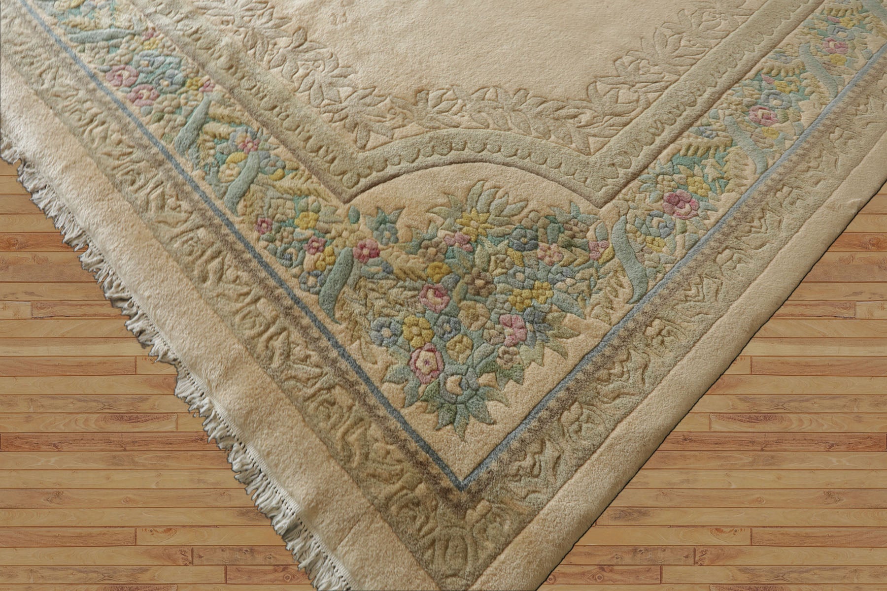 11x18 Beige, Tan, Aqua Color Hand Knotted Aubusson Savonnerie Wool Traditional Oriental Rug