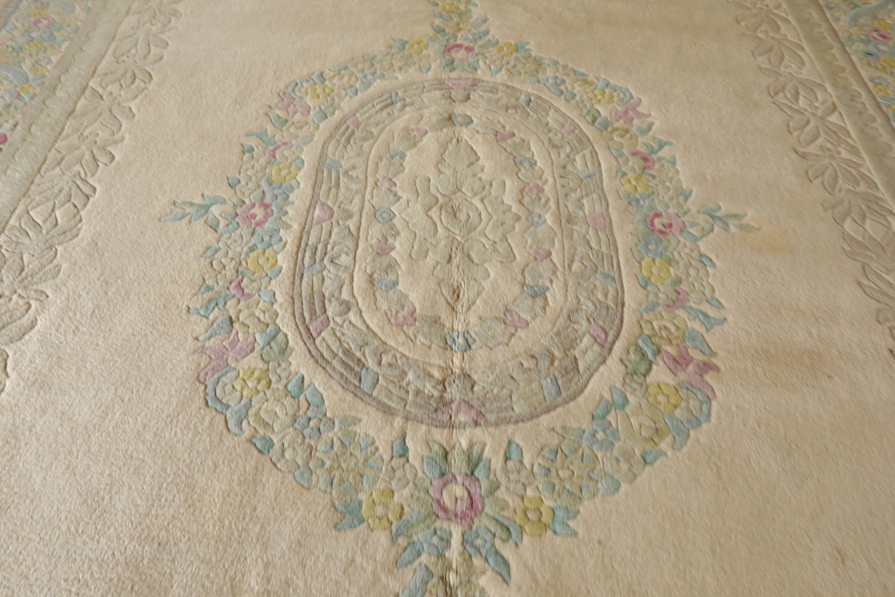 11x18 Beige, Tan, Aqua Color Hand Knotted Aubusson Savonnerie Wool Traditional Oriental Rug