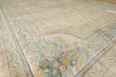 11x18 Beige, Tan, Aqua Color Hand Knotted Aubusson Savonnerie Wool Traditional Oriental Rug