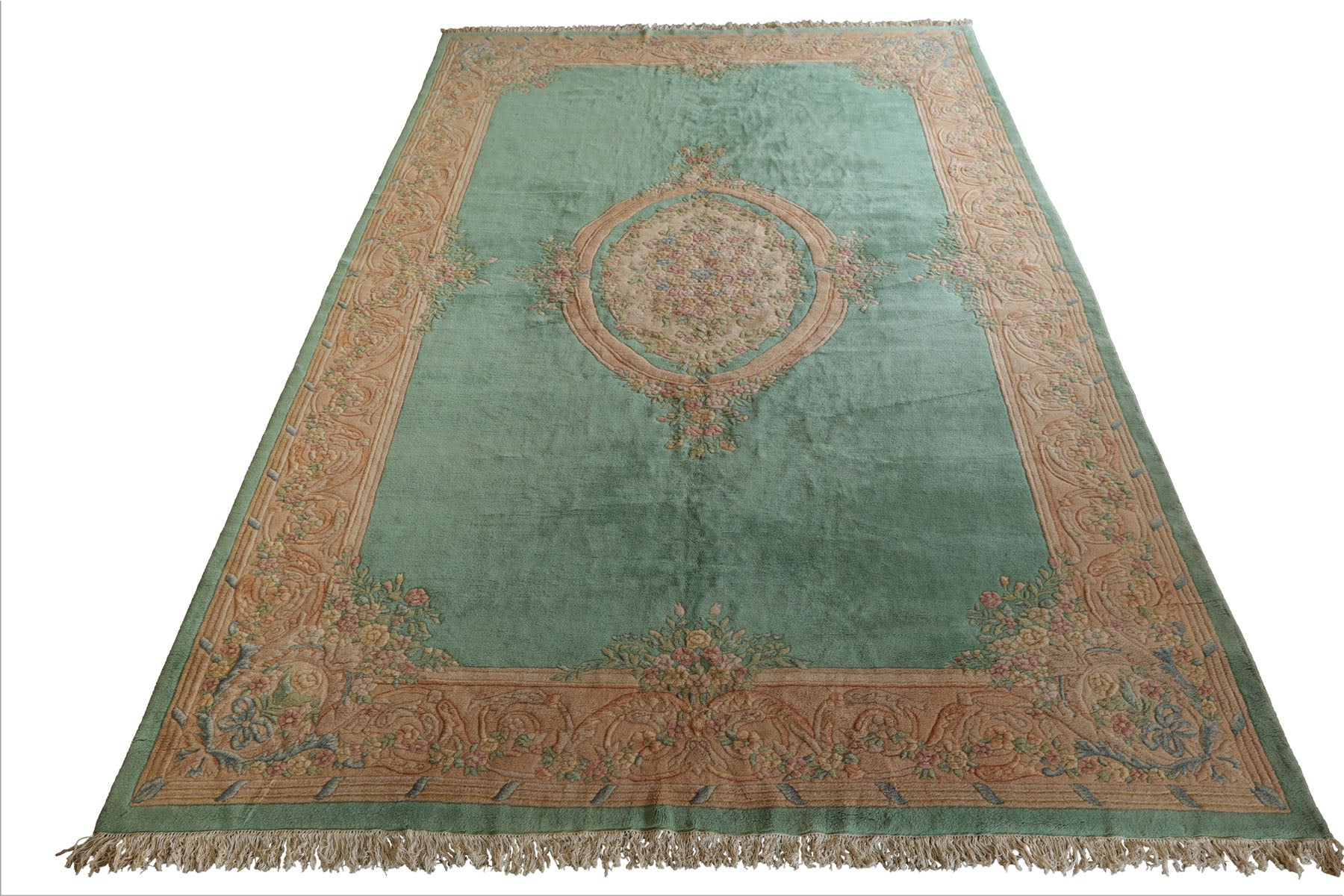 Oversize Sea Foam, Green, Light Peach Color Hand Knotted Aubusson Savonnerie Wool Traditional Oriental Rug