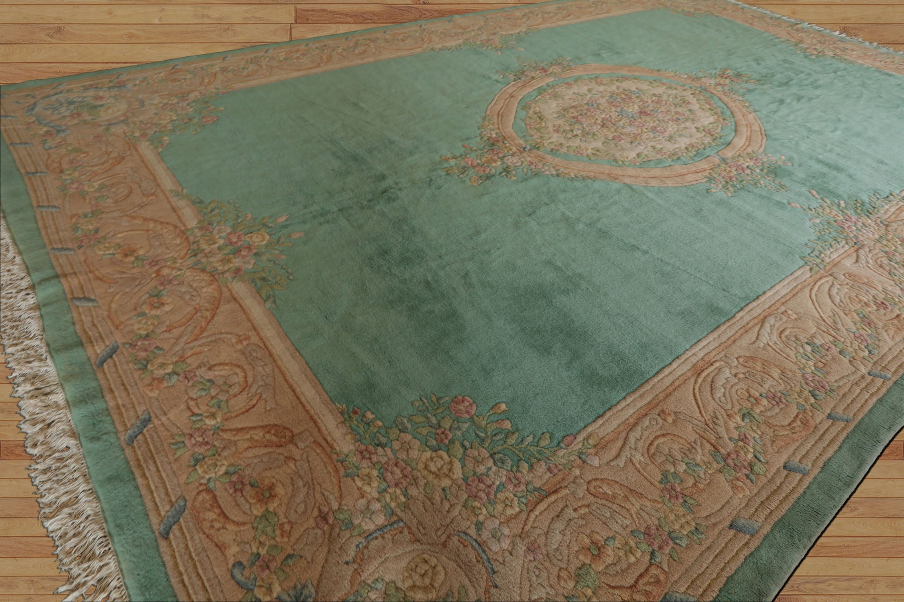 Oversize Sea Foam, Green, Light Peach Color Hand Knotted Aubusson Savonnerie Wool Traditional Oriental Rug