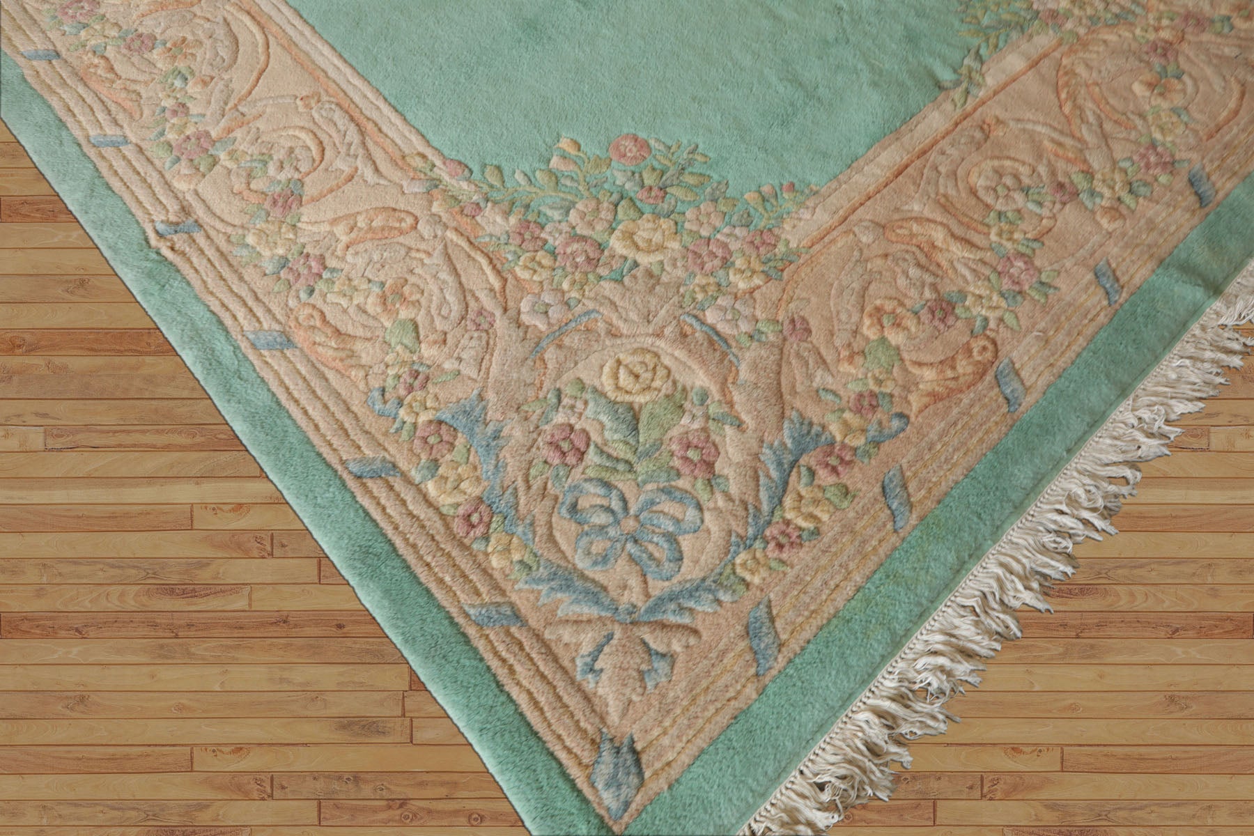Oversize Sea Foam, Green, Light Peach Color Hand Knotted Aubusson Savonnerie Wool Traditional Oriental Rug