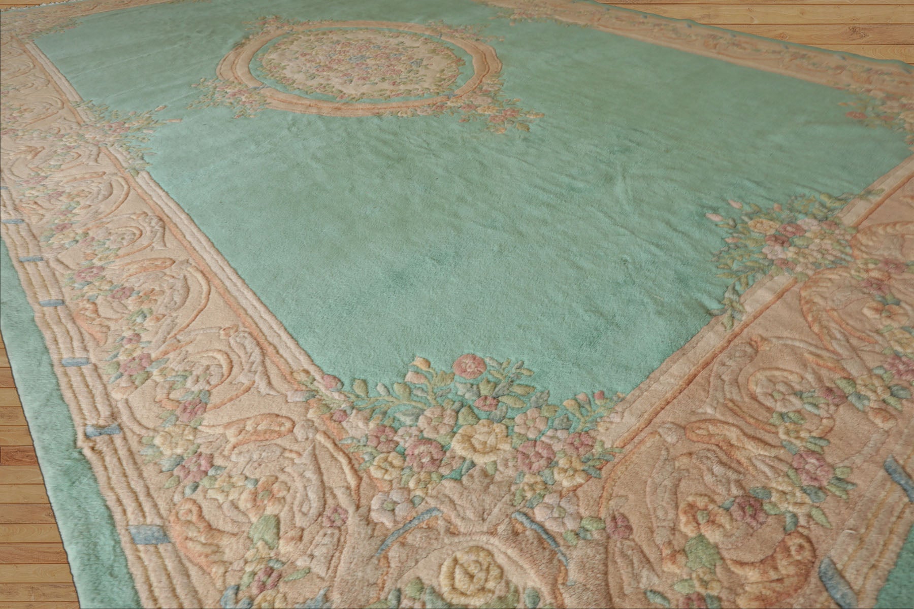 Oversize Sea Foam, Green, Light Peach Color Hand Knotted Aubusson Savonnerie Wool Traditional Oriental Rug
