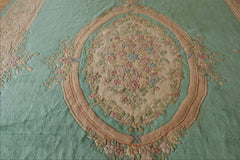 Oversize Sea Foam, Green, Light Peach Color Hand Knotted Aubusson Savonnerie Wool Traditional Oriental Rug