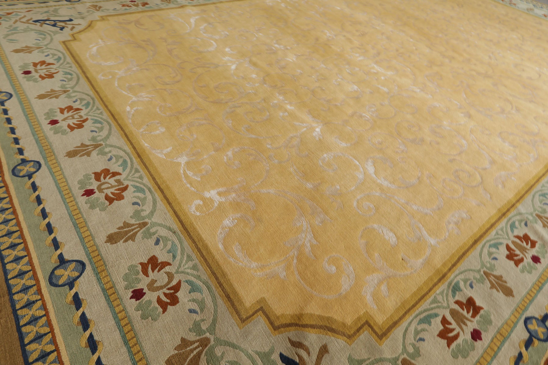 Oversize Light Gold, Mint, Navy Color Hand Knotted Tibetan? Wool and Silk Traditional Oriental Rug