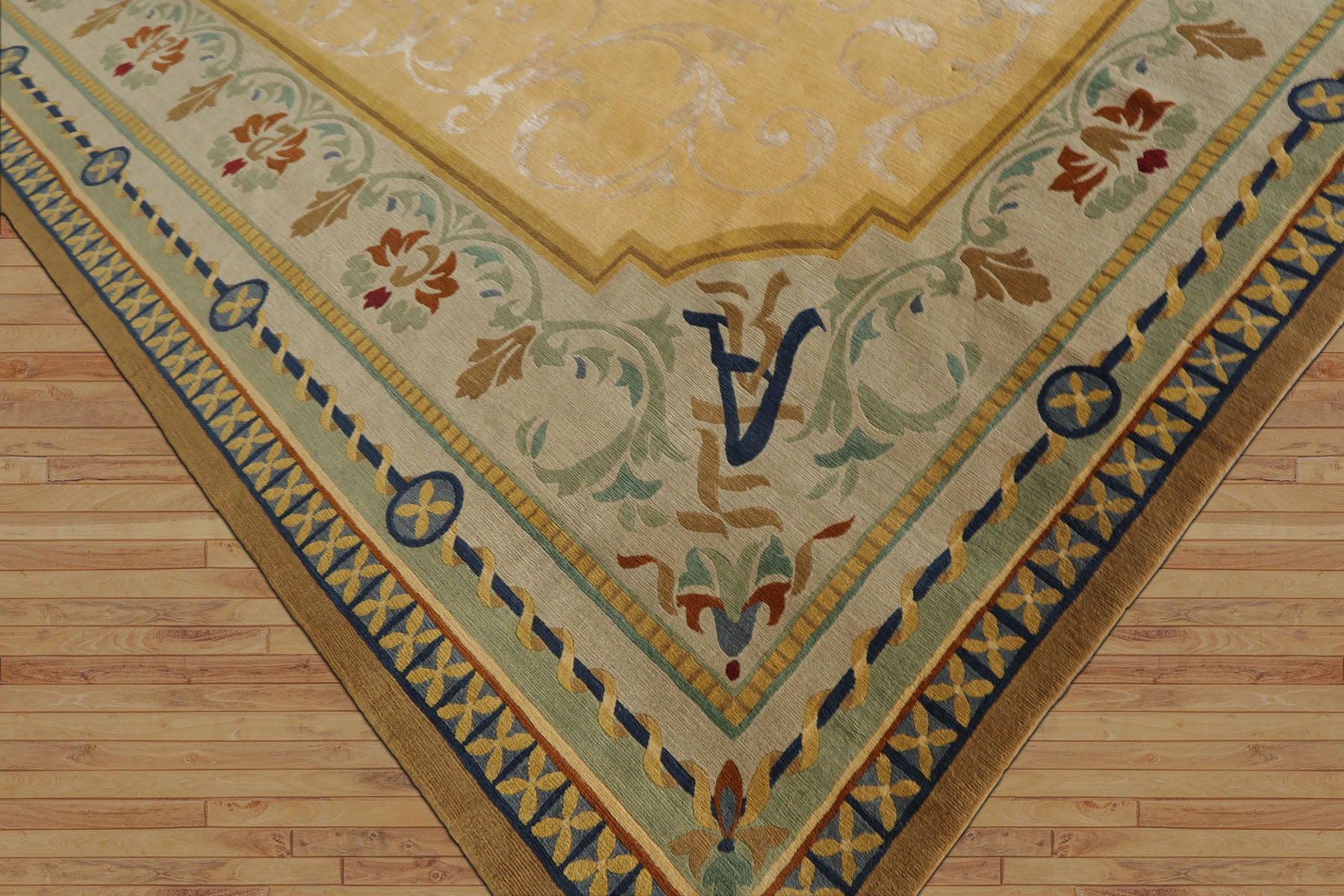 Oversize Light Gold, Mint, Navy Color Hand Knotted Tibetan? Wool and Silk Traditional Oriental Rug