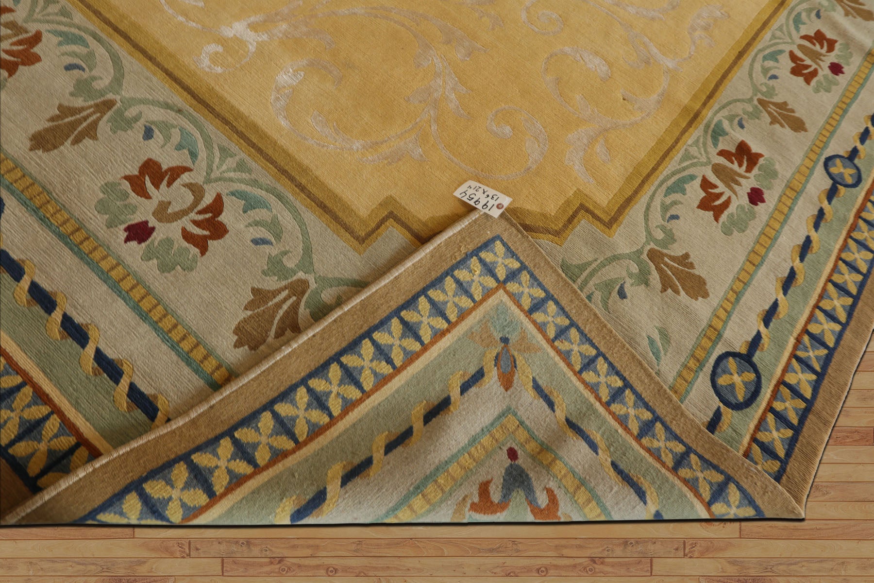 Oversize Light Gold, Mint, Navy Color Hand Knotted Tibetan? Wool and Silk Traditional Oriental Rug