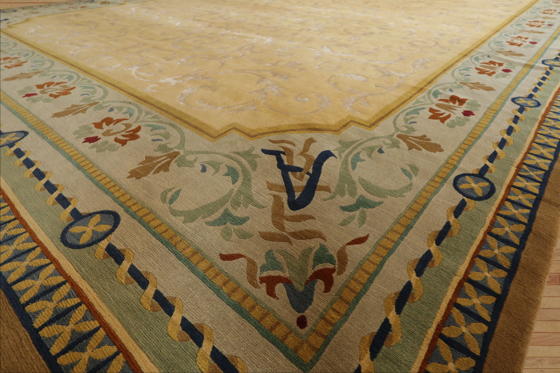 Oversize Light Gold, Mint, Navy Color Hand Knotted Tibetan? Wool and Silk Traditional Oriental Rug