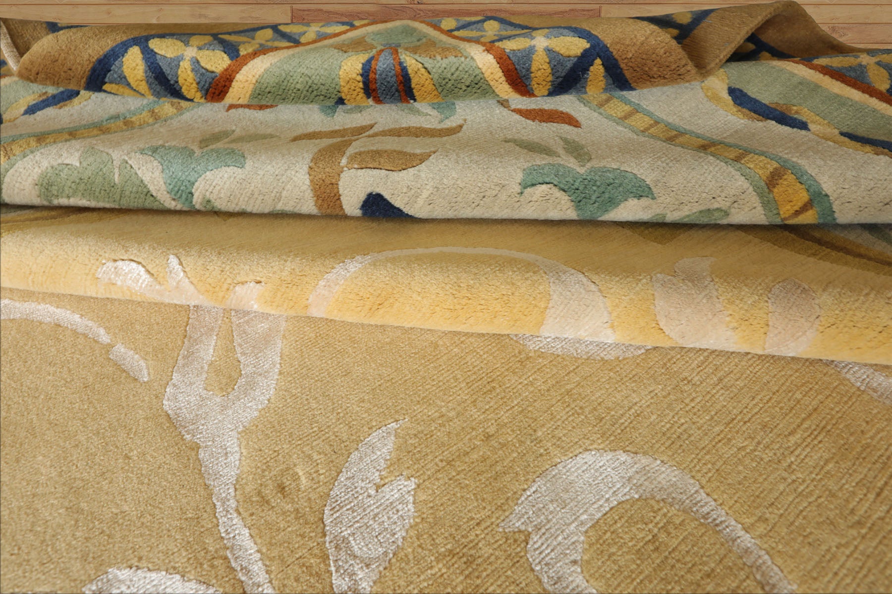 Oversize Light Gold, Mint, Navy Color Hand Knotted Tibetan? Wool and Silk Traditional Oriental Rug