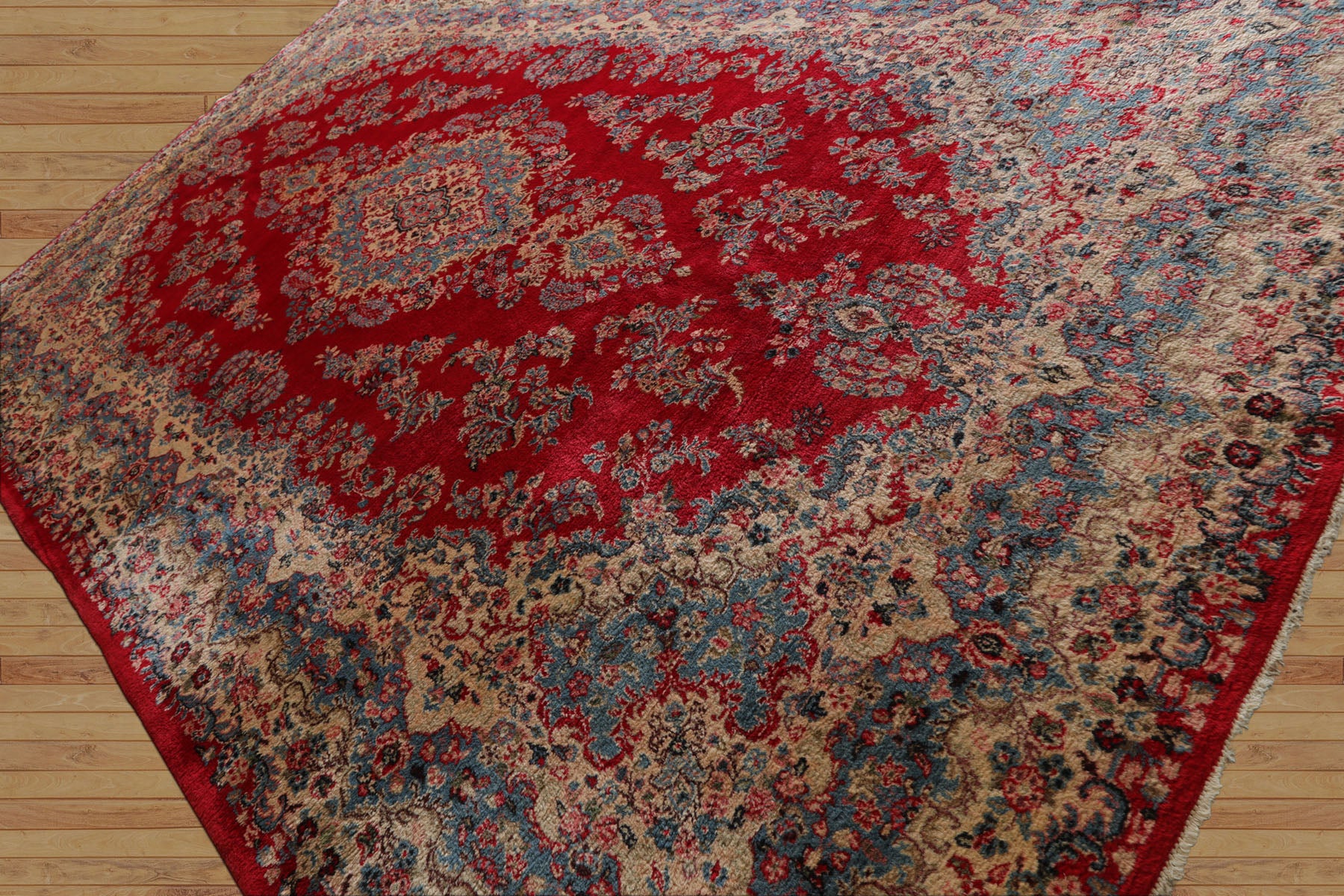 12x18 Red, Aqua, Ivory Color Hand Knotted Kerman Wool Traditional Oriental Rug